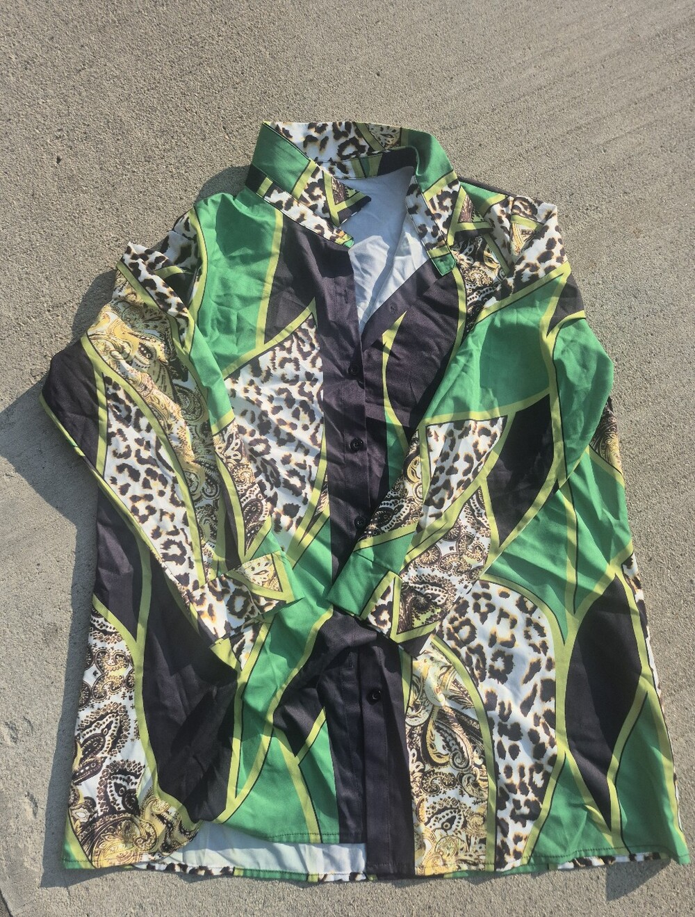 Green & Black Animal Print Button-Up Blouse